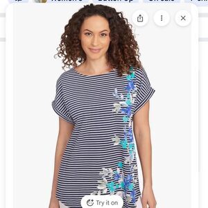 Ruby Rd. Petite Navy/White Striped Floral Women's Top Size PL